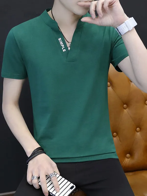 

Модная мужская футболка из чистого хлопка с коротким рукавом, приталенная, с V-образным вырезом, летняя, трендовая, приятная к телу, дышащая, стандартная модель