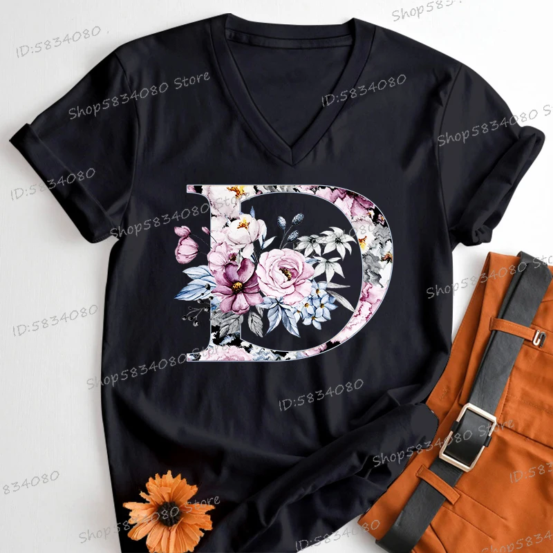 Women's Clothing A-Z 26 Alphabet Flower Vintage Design T-shirts Retro Birthday Gift for Women Floral Letters A B C D Classic Top