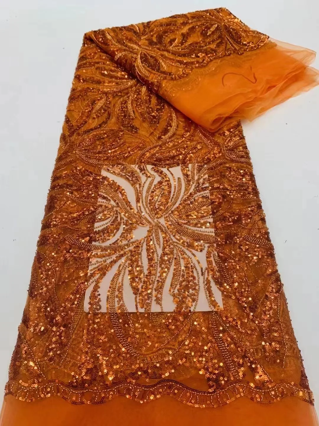 

Orange Color New Arrival Top Selling Beads Sequins Embroidery French Tulle Lace Fabric Heavy Material For Wedding Party