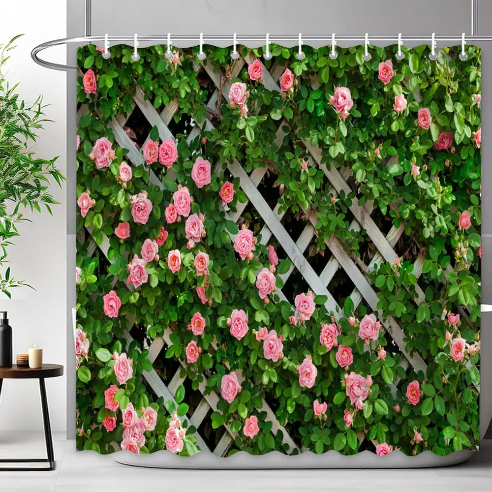 Outdoor Garden Fence Flower Shower Curtain Rustic Garden Wall Natural Landscape Polyester Fabric Shower Curtains Bathroom Decor