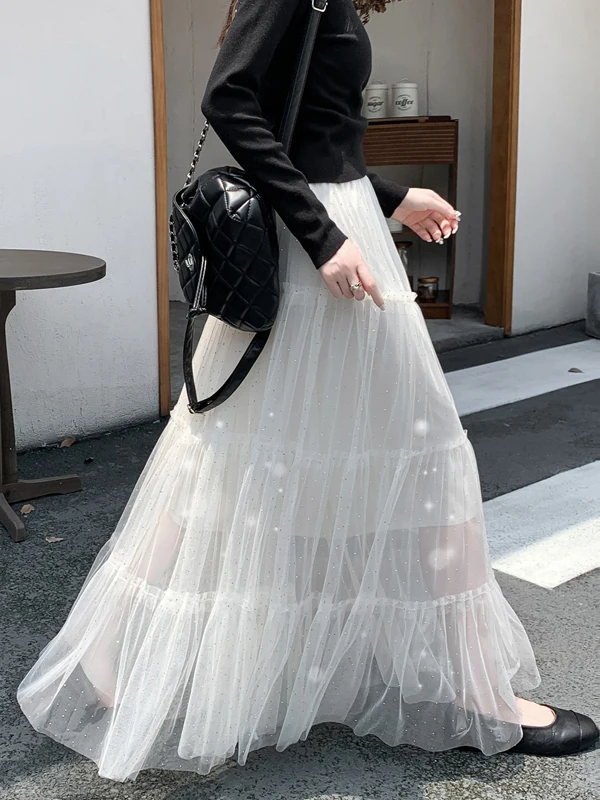 

Весна 2026: Новая кружевная длинная юбка А-силуэта, стройнящая, универсальная, для офиса, с завышенной талией, из полиэстера и атласа, с декоративной строчкой