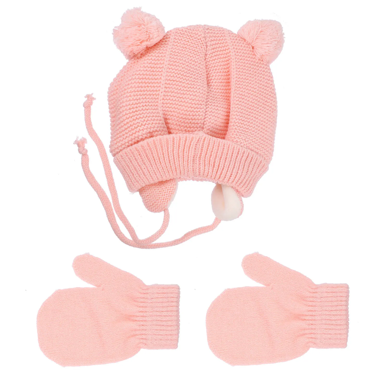 1 مجموعة طفل الشتاء قفازات متماسكة Pompom الأذن رفرف قبعة الشتاء قبعة تدفئة قبعة مناسبة الوليد طفل صور الدعائم