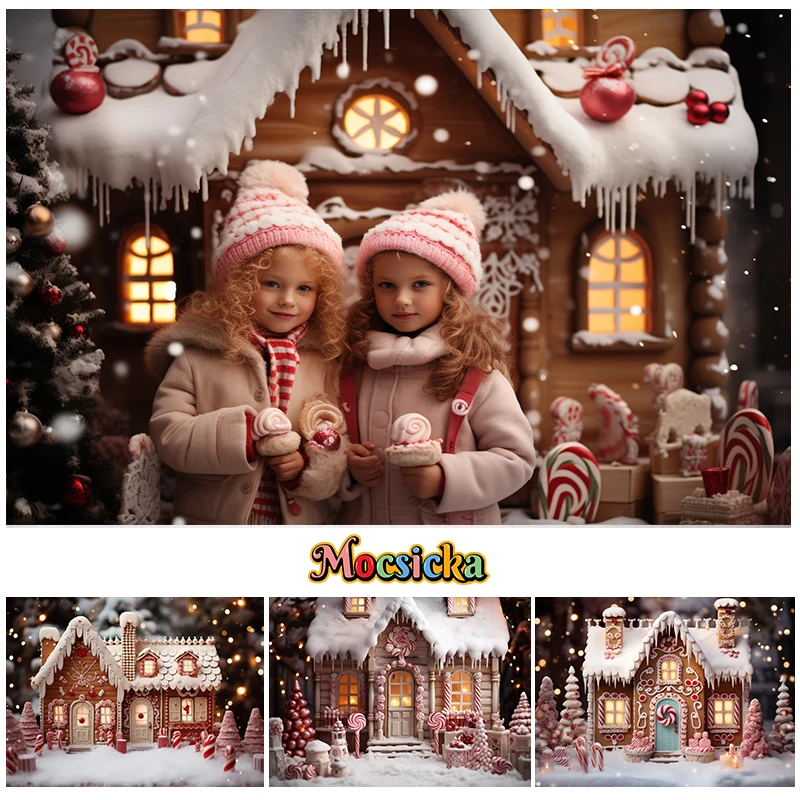 Christmas Candy House Background Photography Winter Snow Xmas Birthday Backdrop Decor Children Kids Cake Girls Tree Photo Studio