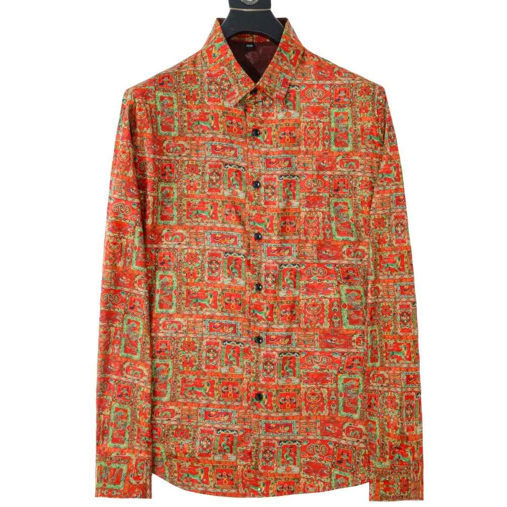 

High Quality Retro Printed Long Sleeved Shirt for Men Ice Silk Cool Breathable Casual Shirts Anti Wrinkle Social Business Shirt