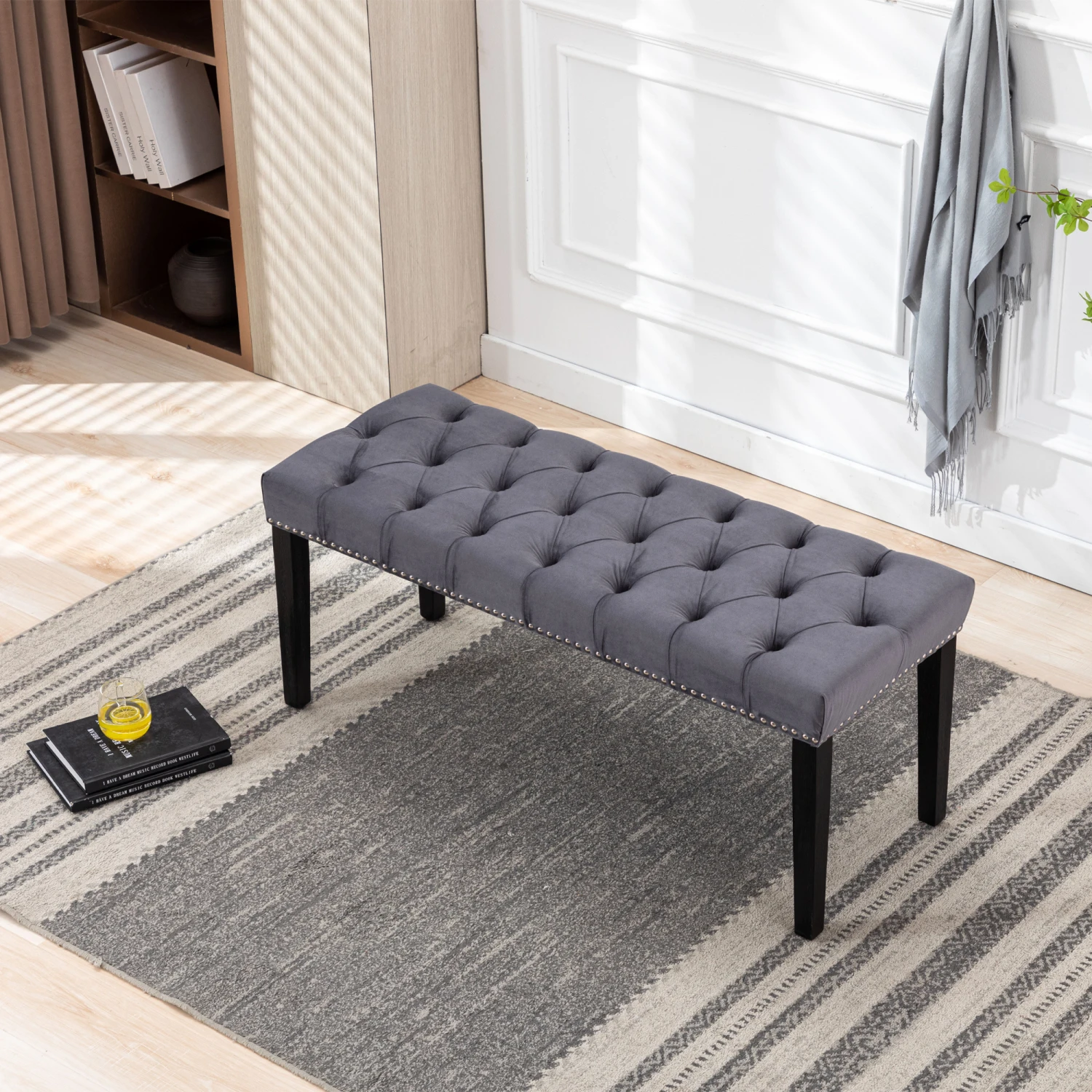 Heng Ming Tufted Velvet Bench Ottoman - Dark Gray Dining Bedroom Footrest Stool - Entryway Living Room Accent