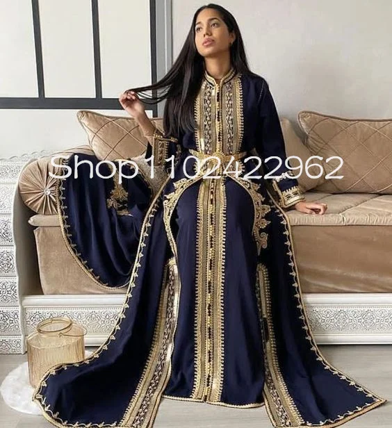 Navy Blue Takshita Caftan Long Sleeve Evening Formal Dresses Lace Chiffon Applique Moroccan Mlahfa Muslim Prom Gown