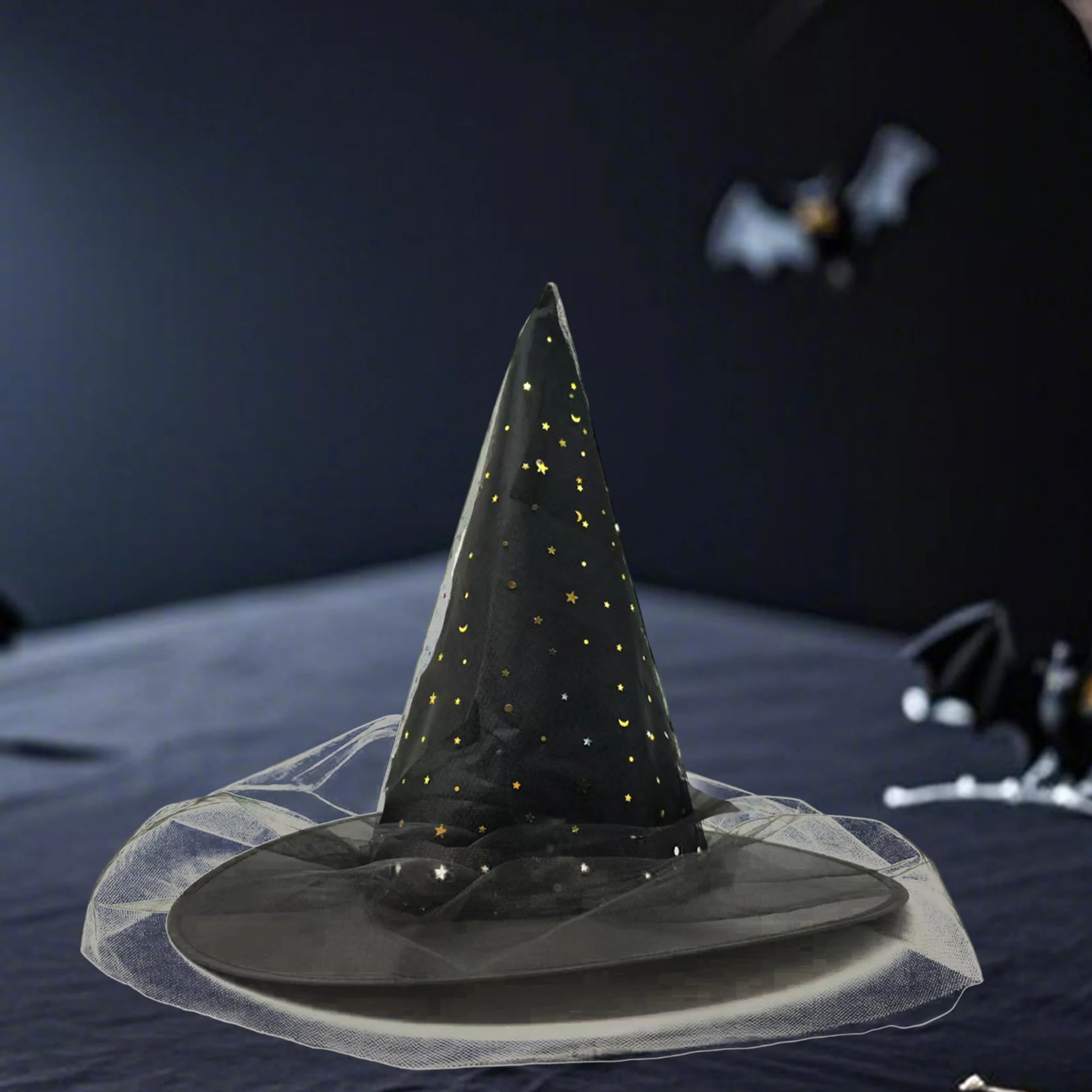 

Gothic Style Black Witch Hat with Mesh and Sequins Perfect for Halloween Cosplay and Party Featuring Star Design