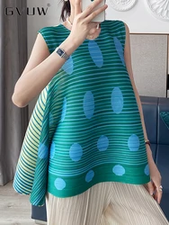 GVUW Pleated Print T Shirt Women Round Collar Sleeveless Loose Irregular Casual Elegant New 2024 Female Pullover Tops  17G7383