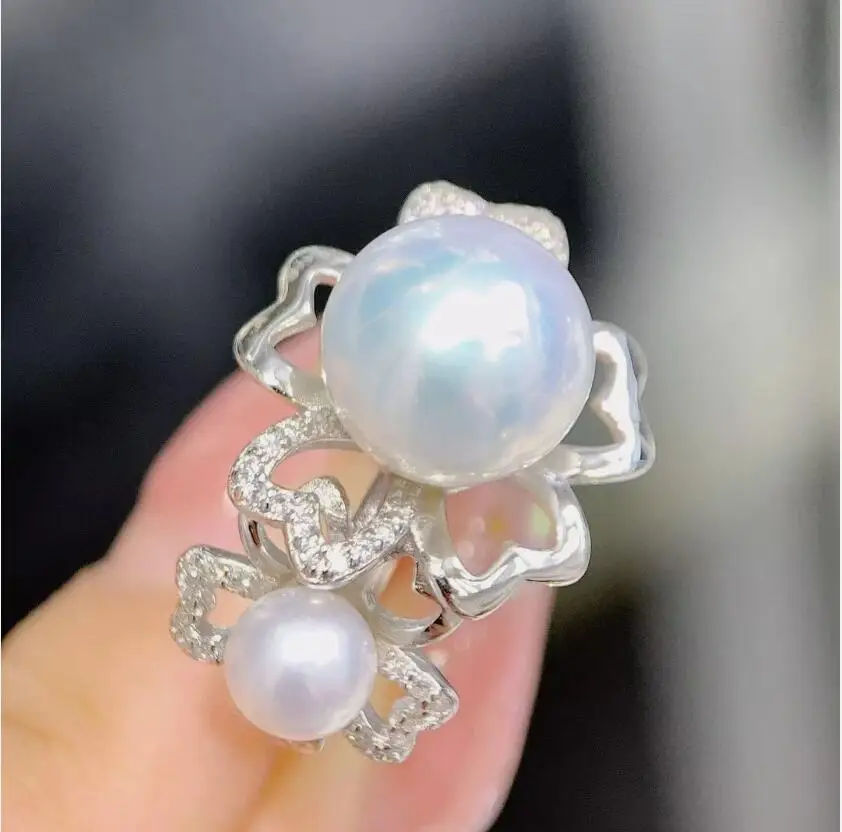 gorgeous south sea 5-6mm10-11mm round white pearl ring 925s open ring 925s