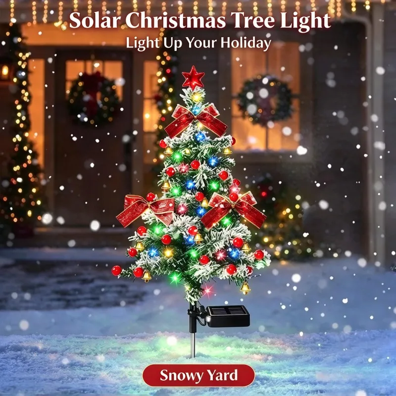 Solar Christmas Tree Ground Light Bows Berries Bells for Backyard Front Yard Decor Outdoor Decorative Lighting Lamp Gift