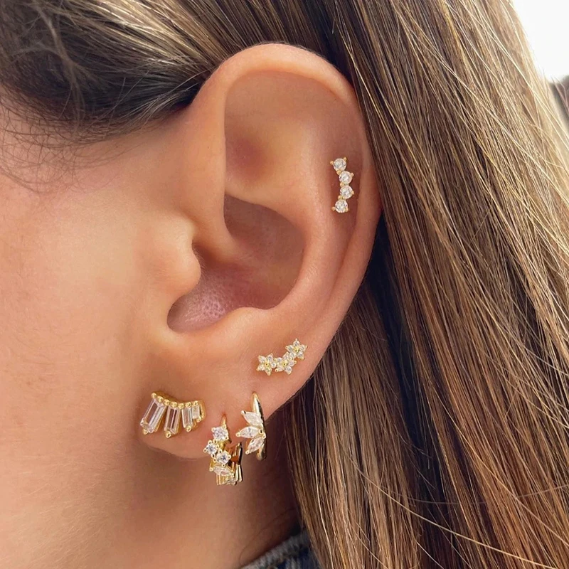 

Exquisite Gold Plated Star Stud Earrings for Women CZ Zirconia Piercing Hoop Earrings Set Woman Fashion Jewelry Accessory
