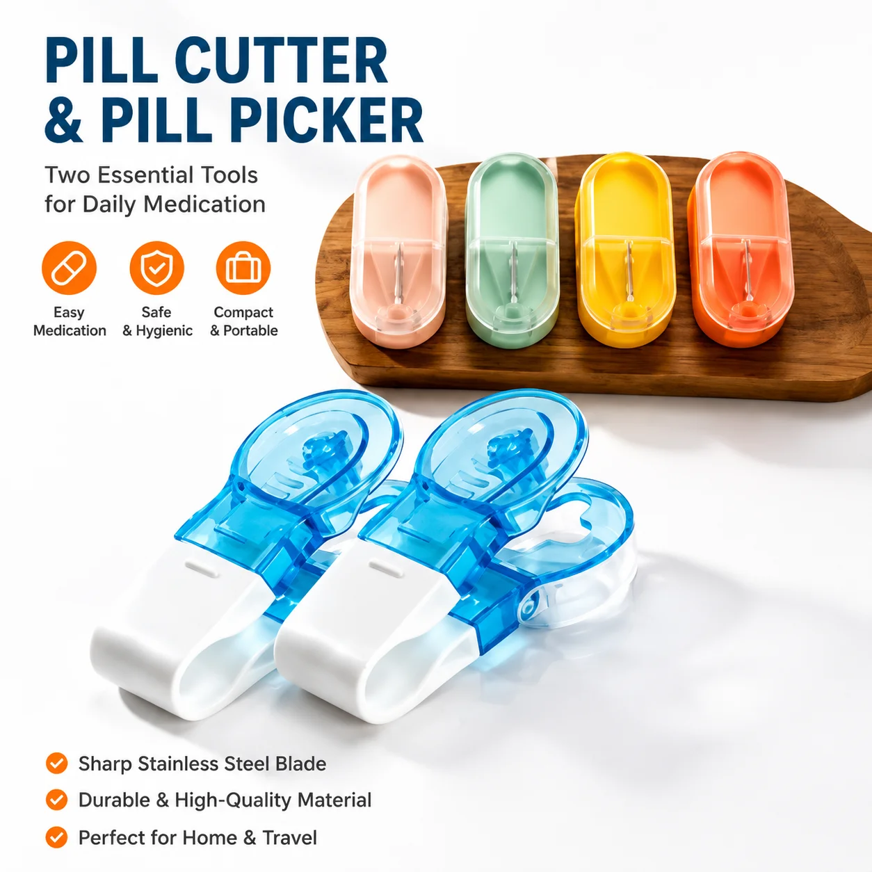 2 in 1 pill cutter and pill remover tool set with non-contact pill picker and stainlesssteel blade pill separator