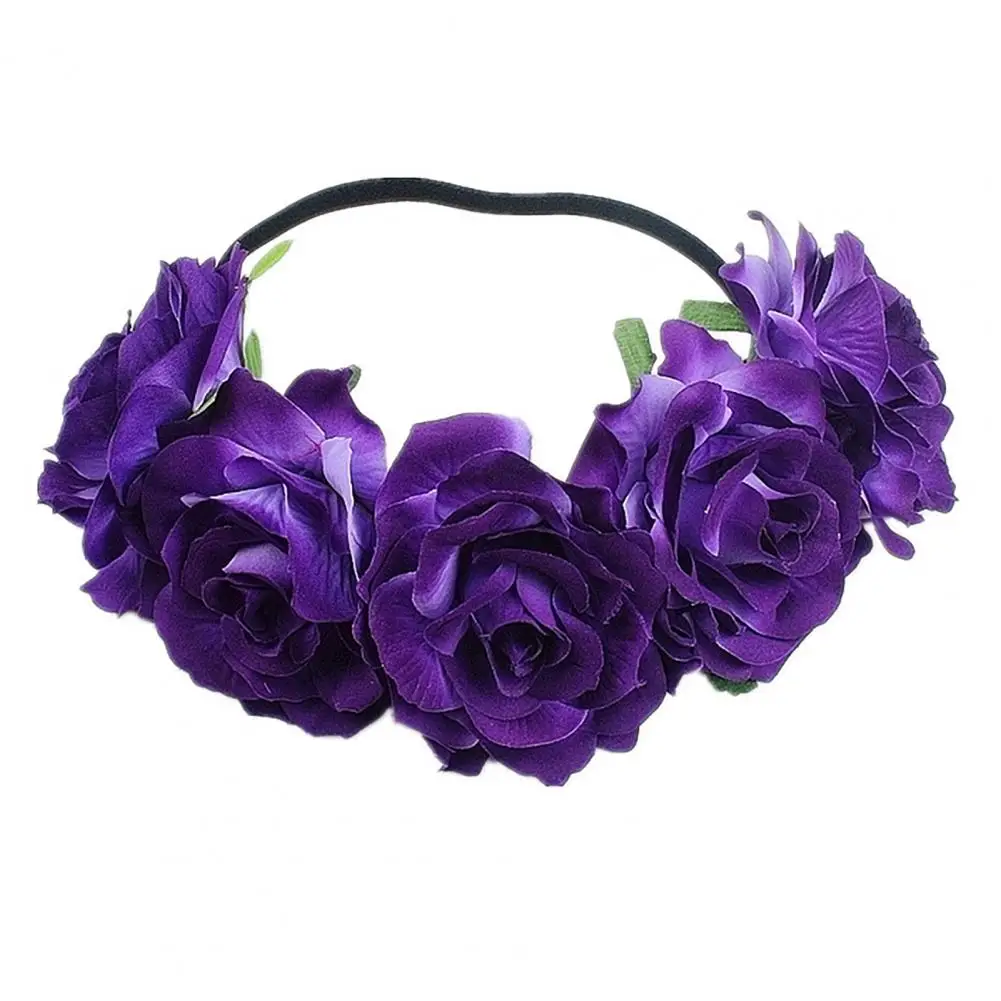 Rose Flower Crown Elegant Women Headband Handmade Hair Hoop 5 Artificial Roses Elastic Bohemia Style Hair Hoop Hair Accessory