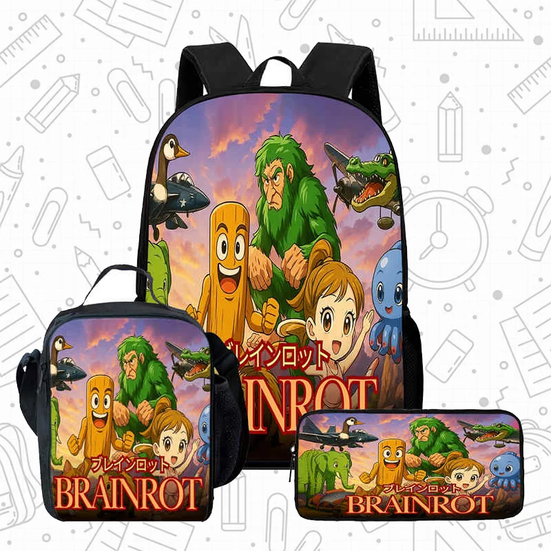 

Cartoon brain rot Child School Backpack With Lunch Bags Pencil Bags For Age 4-9,Light Weight School Bags For Boys Girls