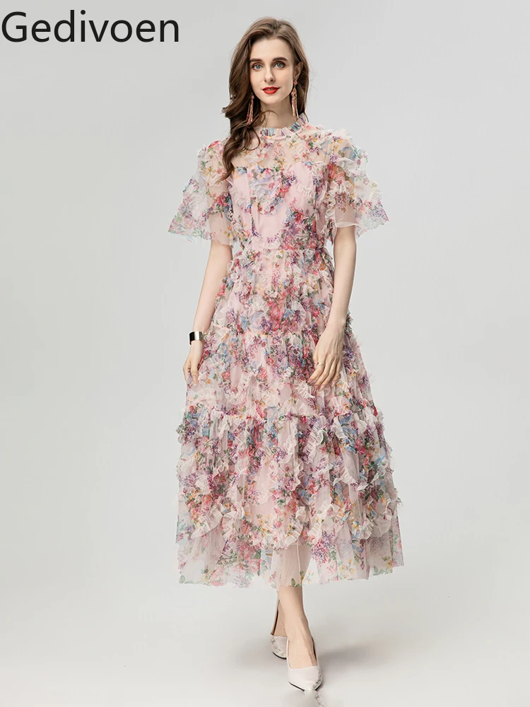 

Gedivoen Fashion Designer Summer Women's Dresses O-Neck Collar Draped Floral Printing Office Lady A-LINE Empire Dress