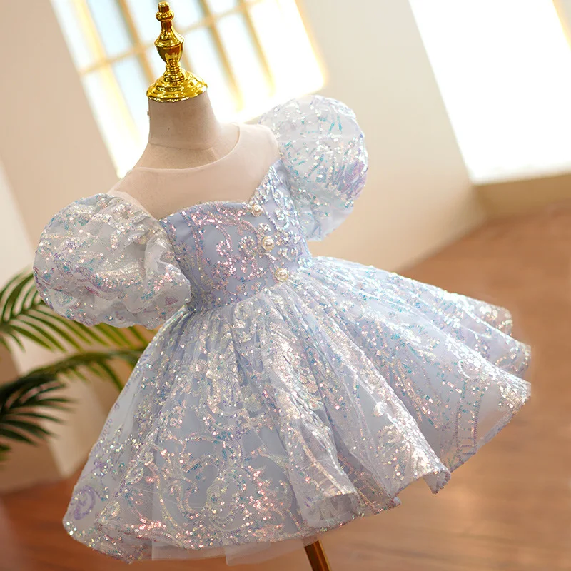 Fashion Girl Princess Vintage Sequins Dress Puff Sleeve Infant Toddler Child Bow Vestido Party Birthday Costume Clothes 1-12Y