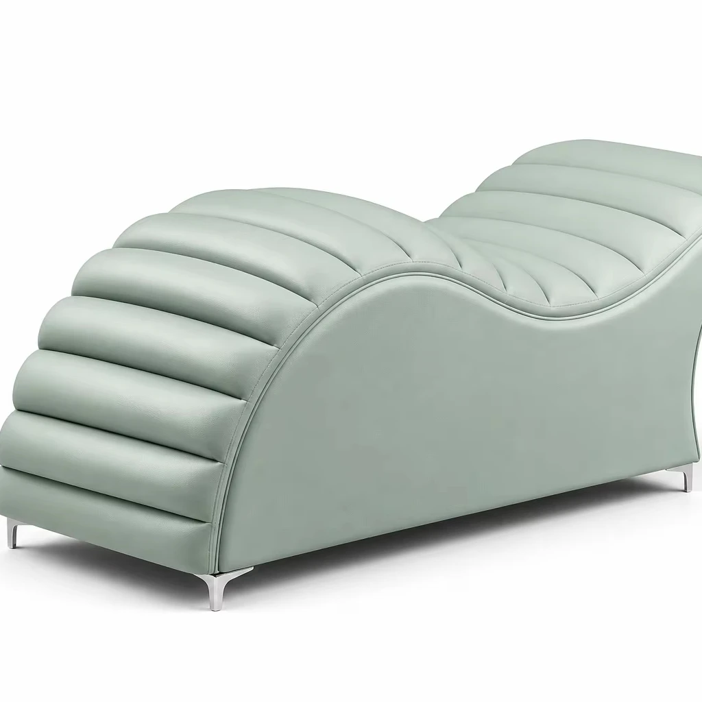 Modern Wave Stitched Curved Chaise Lounge, Light Green PU Leather Spa Massage Bed For Beauty Salon, Tattoo & Eyelash