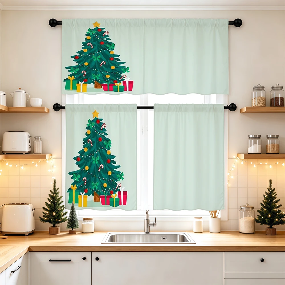 Christmas Kitchen Curtains, Big Christmas Tree Gift, Digital Print, Kitchen Dining Room, Rod Pocket Polyester, Home Decor
