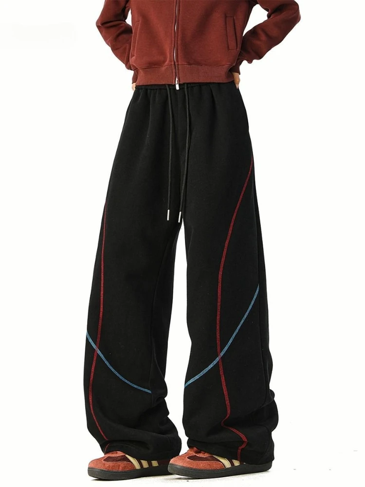 Mens Autumn Navy H-Line Design Wide Leg Joggers Draped Loose Straight Athletic Trousers