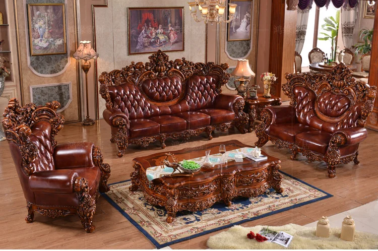 Royal European Chesterfield Sectional Living Room Sofa Set Wooden Frame Genuine Leather & Fabric Upholstery