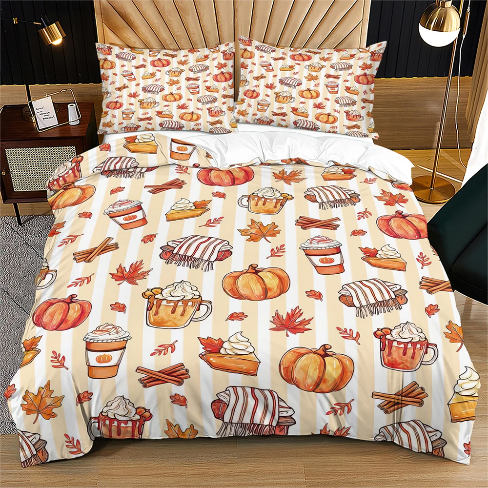 Striped Fall Pumpkin Spice Latte Duvet Cover Set Maple Leaf Pumpkin Pie Print Bedding Set Thanksgiving Autumn Harvest Decor