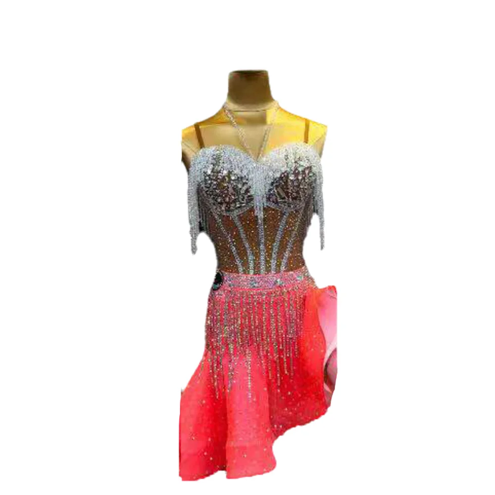 

Латинские танцы AB Stone для женщин, взрослых и детей, элитная индивидуальная юбка с разрезом из кристаллов «рыбий кости», черное платье для выступлений в бассейне, самба