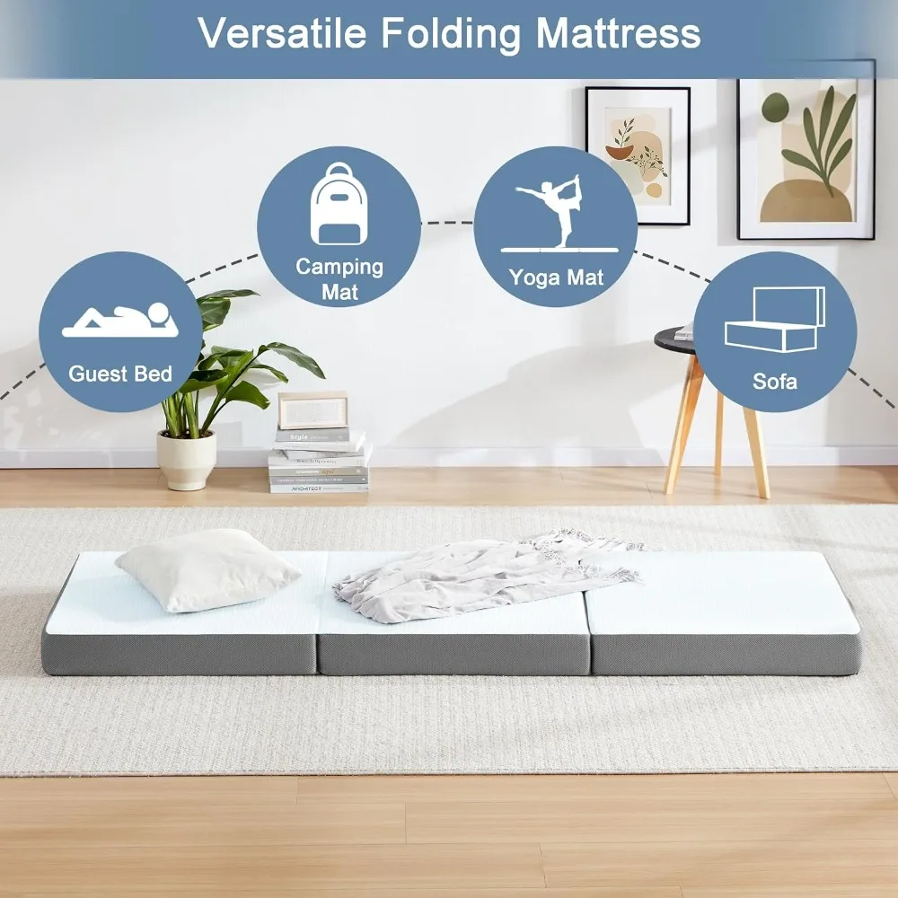 

4 inch Folding Mattress Single, Memory Foam Foldable Mattress Topper with Storage Bag, Portable Trifold Mattress with Breathable