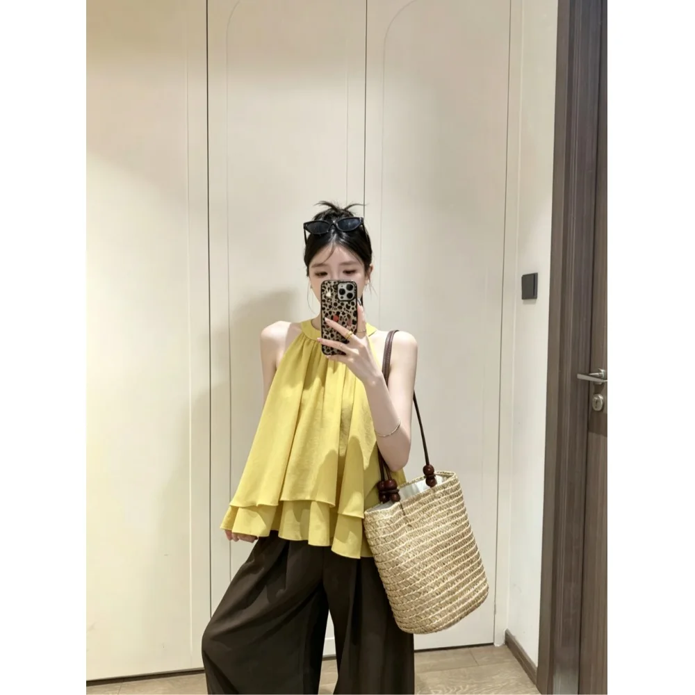 

Summer 2026 Women's Pure Color Double Layer Neck Hanging Hem Vest Shirt Slimming Sleeveless Top Fashionable Versatile Polyest...