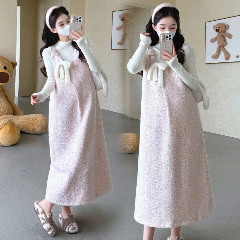 Maternity Suit Spring Autumn Sweet 2026 Cute Gentle Overall Dress With Bow And White Base Top Two Piece Set For Pregnant Women