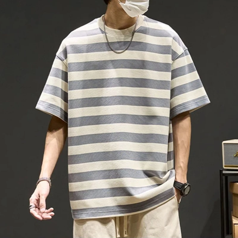 

2025 Summer Striped Short Sleeve Crewneck T-shirt For Men New Breathable Loose Streetwear Tops Hip Hop Fashion Y2K Tee Shirts