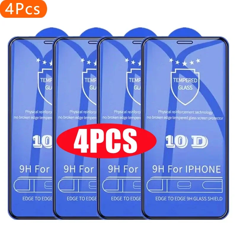 

4Pcs 10D Tempered Glass for iPhone 14 11 12 13 Pro Max Mini 7 8 Plus Full Cover Screen Protector for iPhone 15 PRO X XR XS MAX