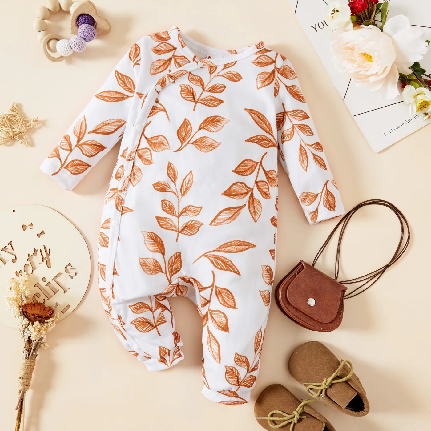 PatPat Baby Girl Leaves Print White/Brown Long-sleeve Jumpsuit