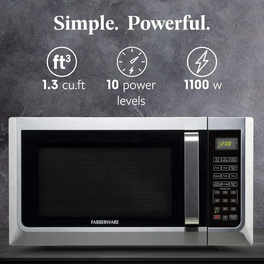 Farberware 1.3 Cu. Ft. Countertop Microwave Oven 1100 Watts Power Auto Cook Settings Defrost Easy Clean Child Safety Lock