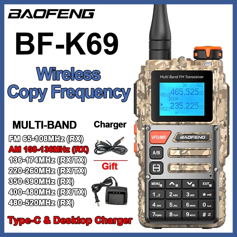 Baofeng BF-K69 Camo Walkie Talkie Air Band AM FM Wireless Copy Frequency Long Range Type-C 2 Way Ham Radio UV-5R UV-K6 Upgraded