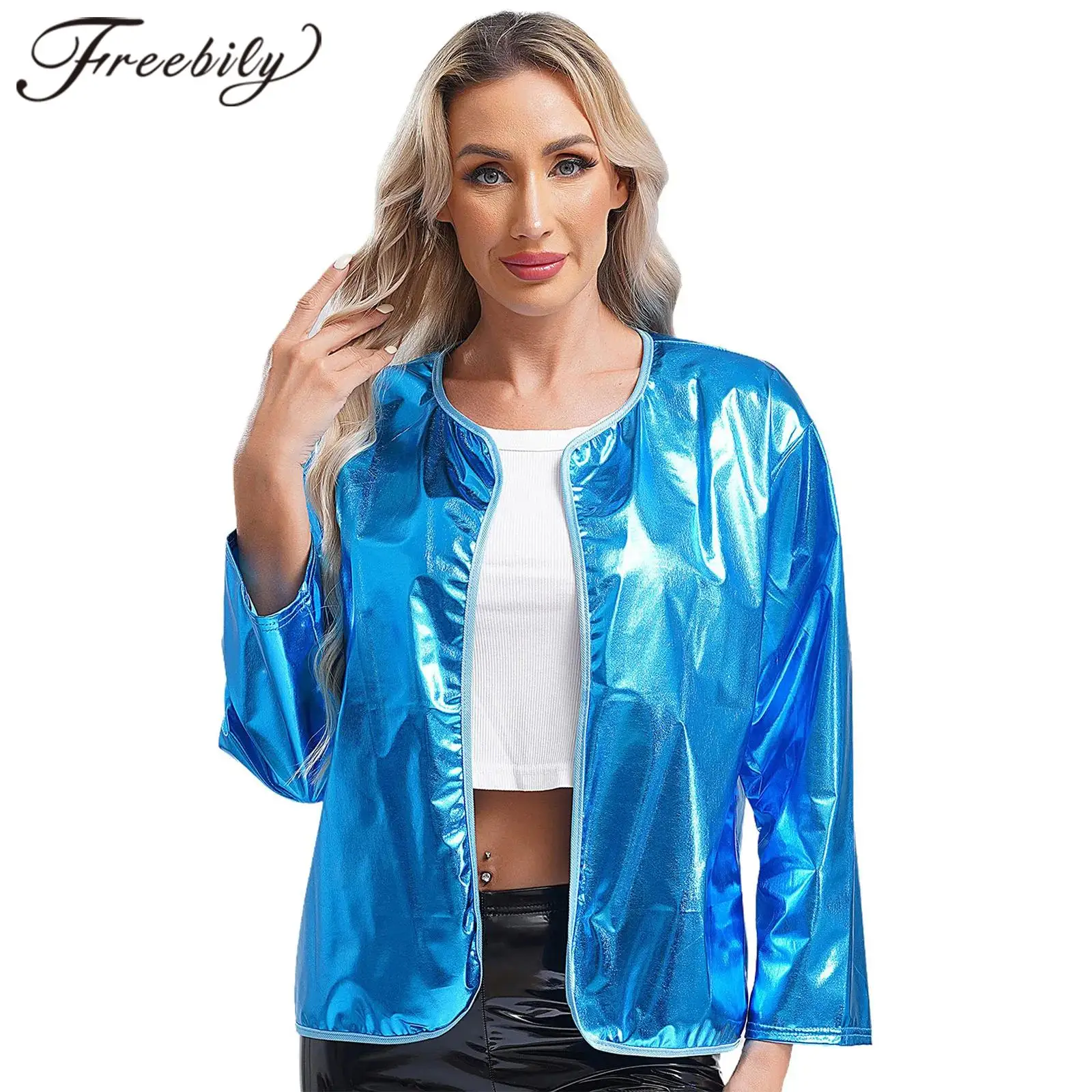 Fashion Womens Metallic Coats Jackets Open Front Cardigan Rave Stree Dance Twear Music Carnivals Party Costume Shiny Clubwear