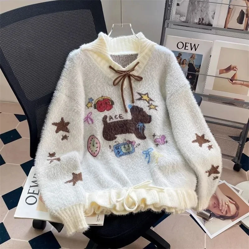 

Japanese Sweet Knit Sweater Women Kawaii Cartoon Print Lazy Wind Casual Pullovers Preppy Cute Lace Up Patchwork Jacquard Jumpers