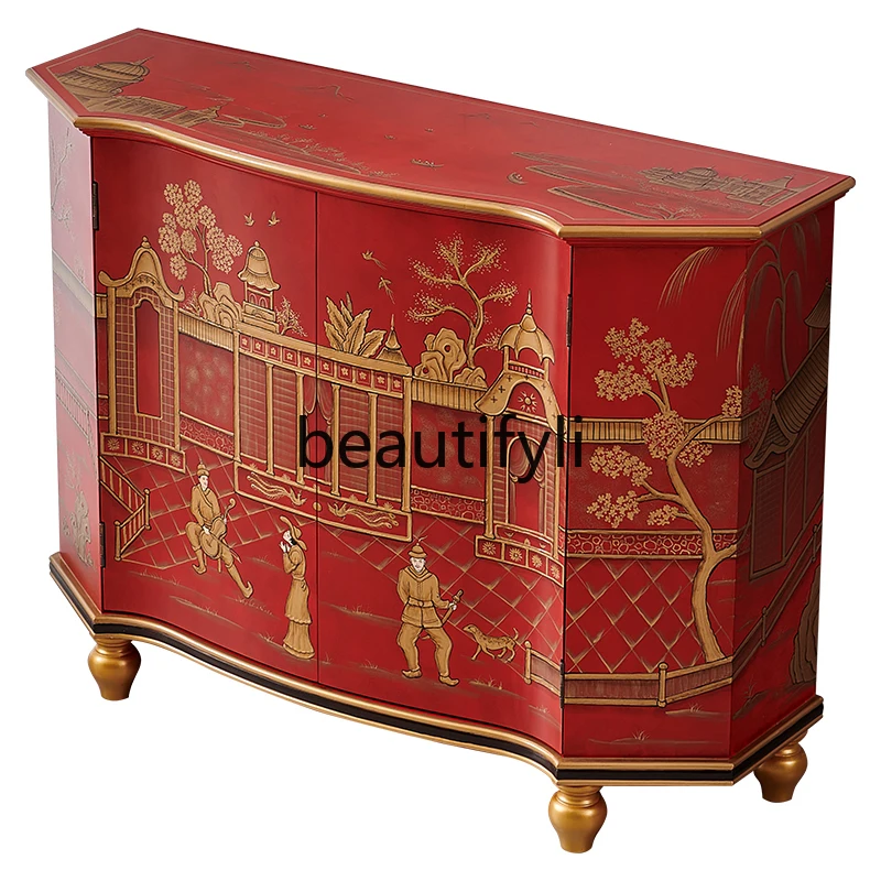 

New Chinese style red solid wood hand-painted living room art secret cabinet French villa foyer decorative cabinet