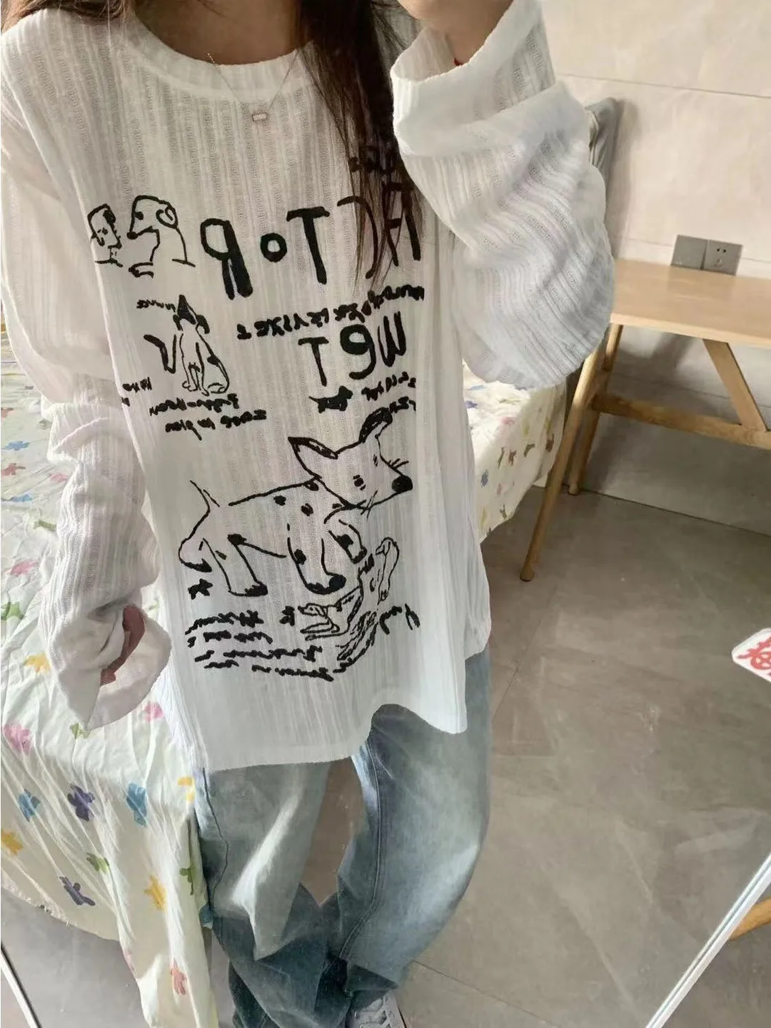 

White Long Sve T-irt Women's Lightweight Printed Dog Print UV Protection Casual Loose Fit Spring Autumn Base Layer Top
