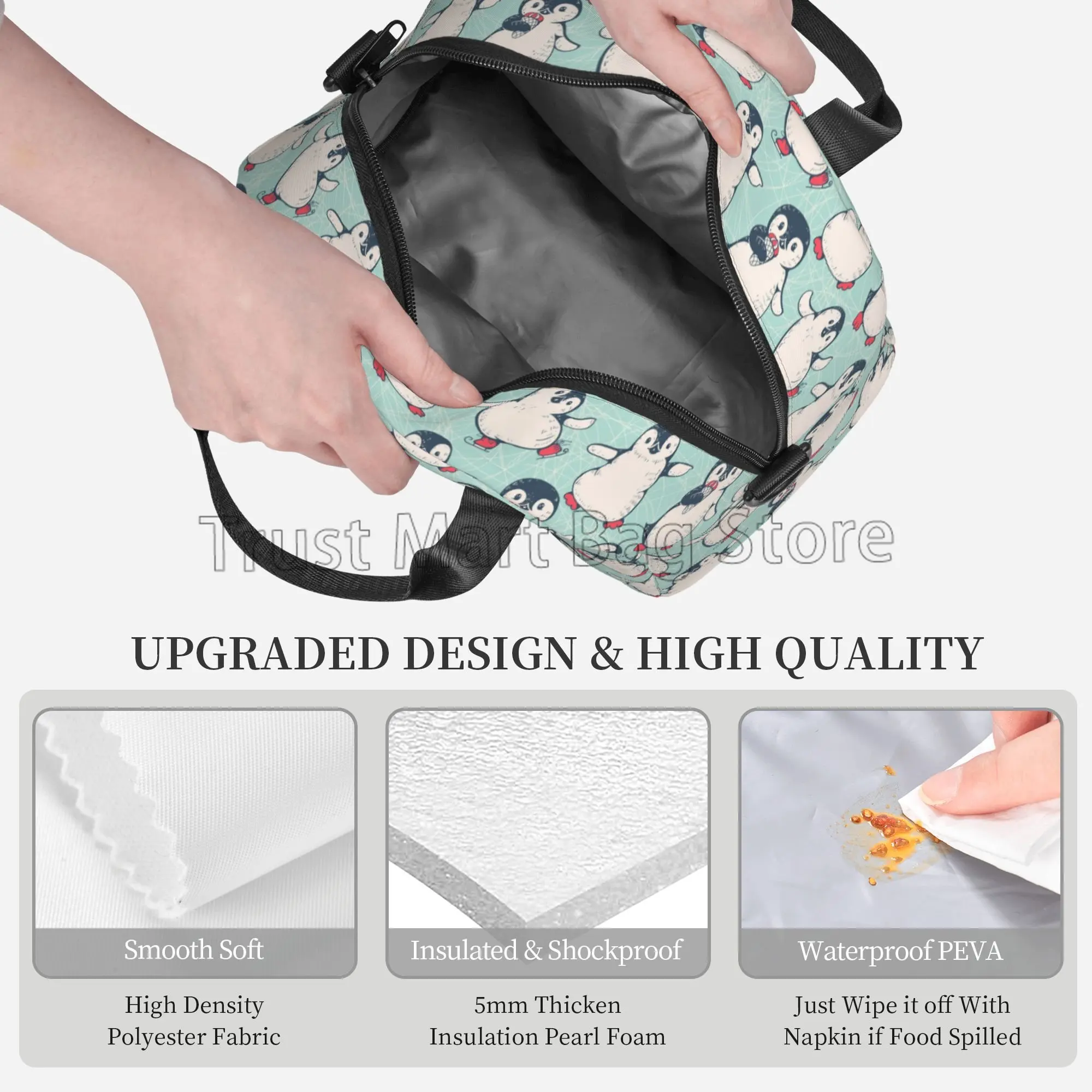 Cute Penguins Reusable Insulated Lunch Bag Cooler Bag Lunch Box Container with Adjustable Shoulder Strap for Picnic School Work