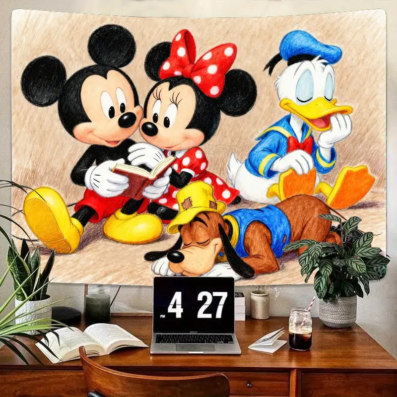 

1PC Disney Mickey Minnie Donald Pluto Story Time Tapestry Classic Cartoon Wall Art Polyester Home Decor Kids Bedroom Living Room