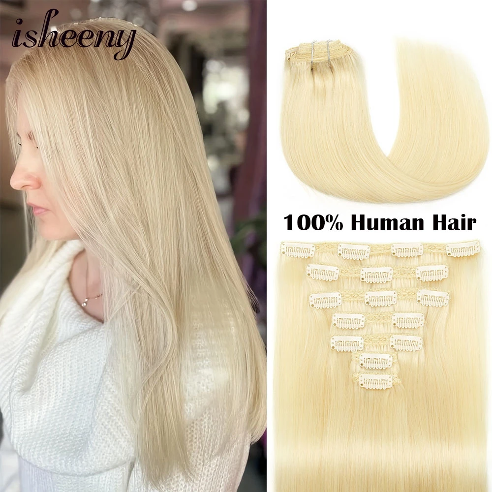 

isheeny Blonde Clip in Human Hair Natural Straight Clip Hair Extensions 12"-24" 7pcs/set Clip Hair Full Head Hairpieces 60#