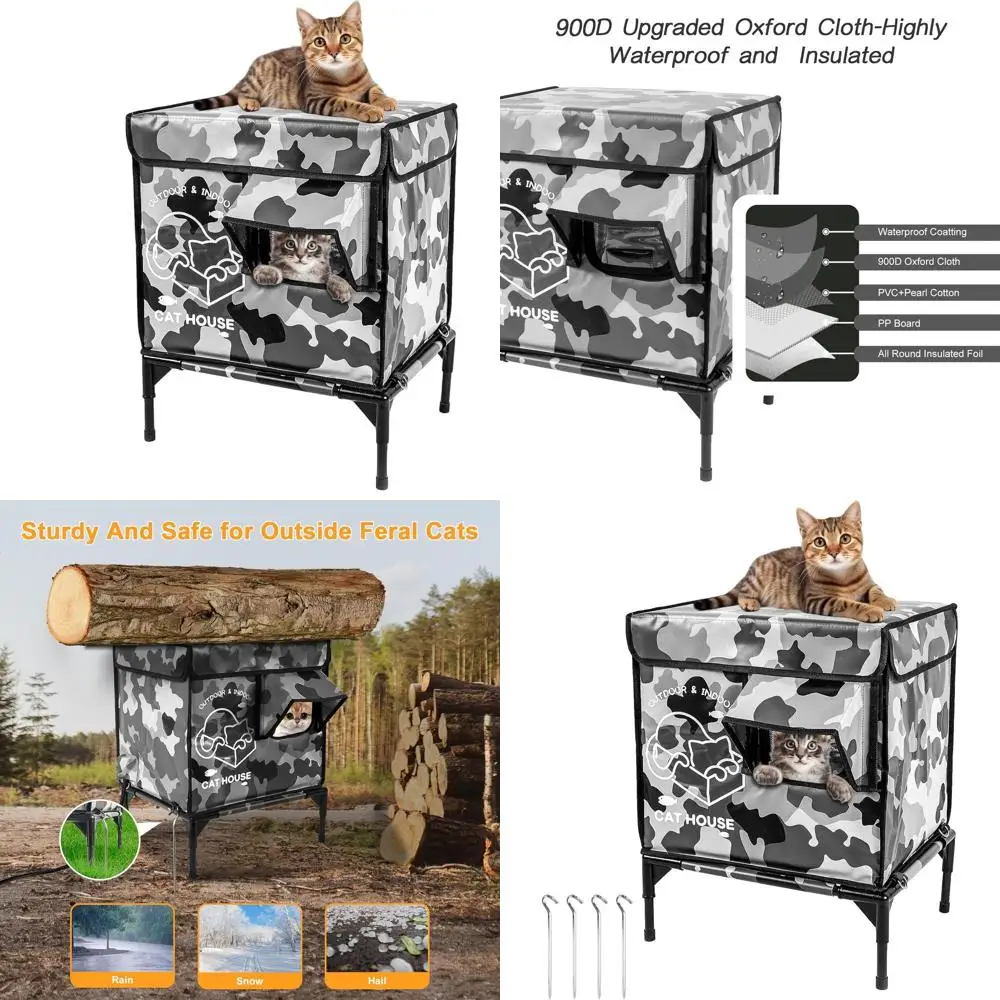 

Durable Elevated Outdoor Cat Shelter with Insulated Door for Stray Cats, Weatherproof and Camouflaged