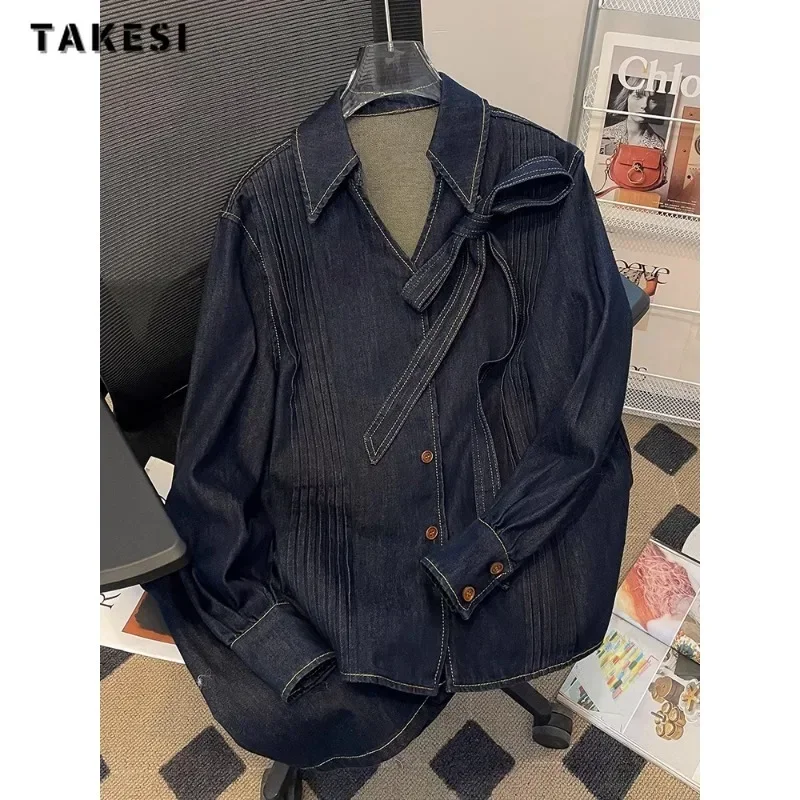 

2023 Winter Korean Vintage Style Slim Casual Turn-down Collar Denim Shirt Women Fashion Street Style Blue Y2K Lace-up Blouse