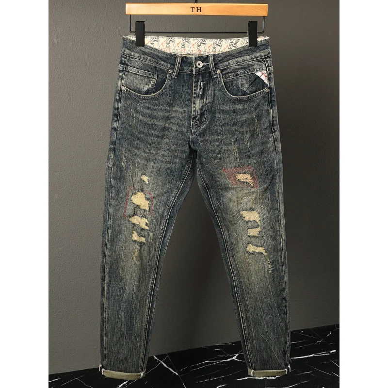 

Высококачественные винтажные потертые джинсы мужские в американском стиле модные рваные нашивки прямые уличные модные брюки