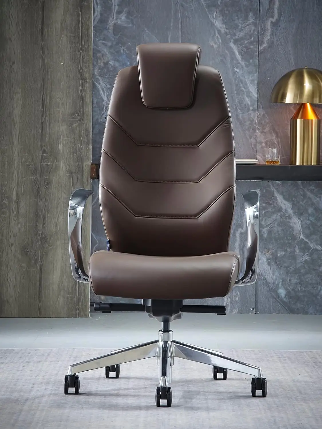 

Genuine Leather High Back Executive Chair Swivel Aluminum Base Ergonomic Synchro-Tilt Recliner Office,Dark Brown,Customized