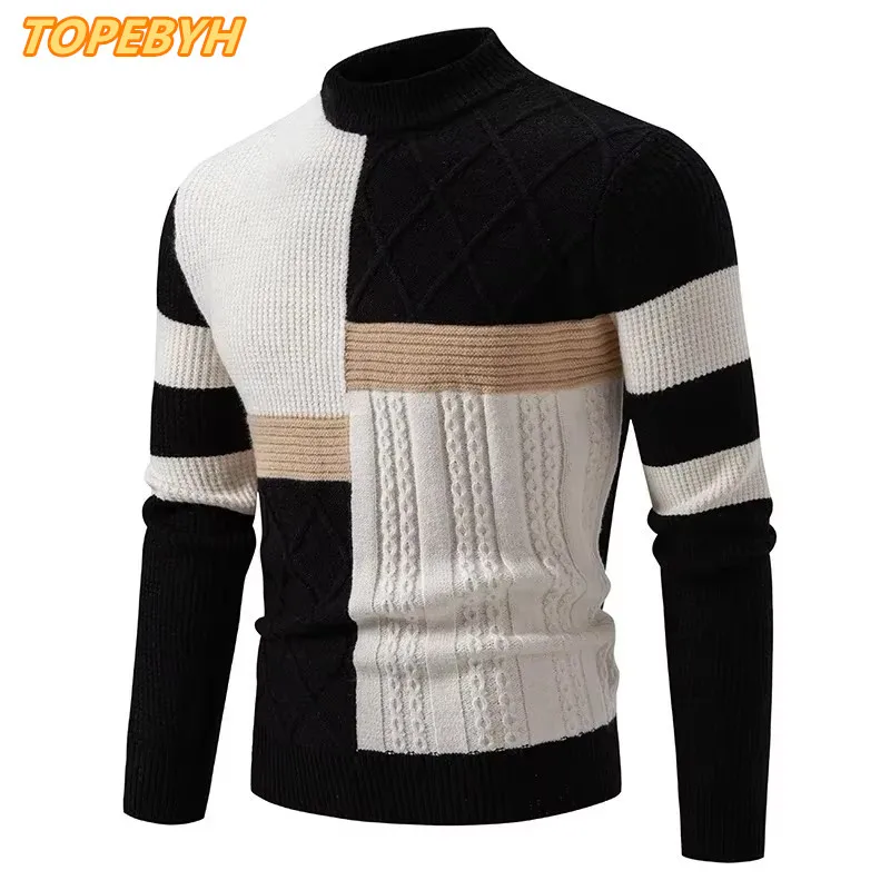 2025 Suéter de bloque de Color cálido informal de otoño e invierno para hombre de alta calidad, Tops de punto, ropa para hombre