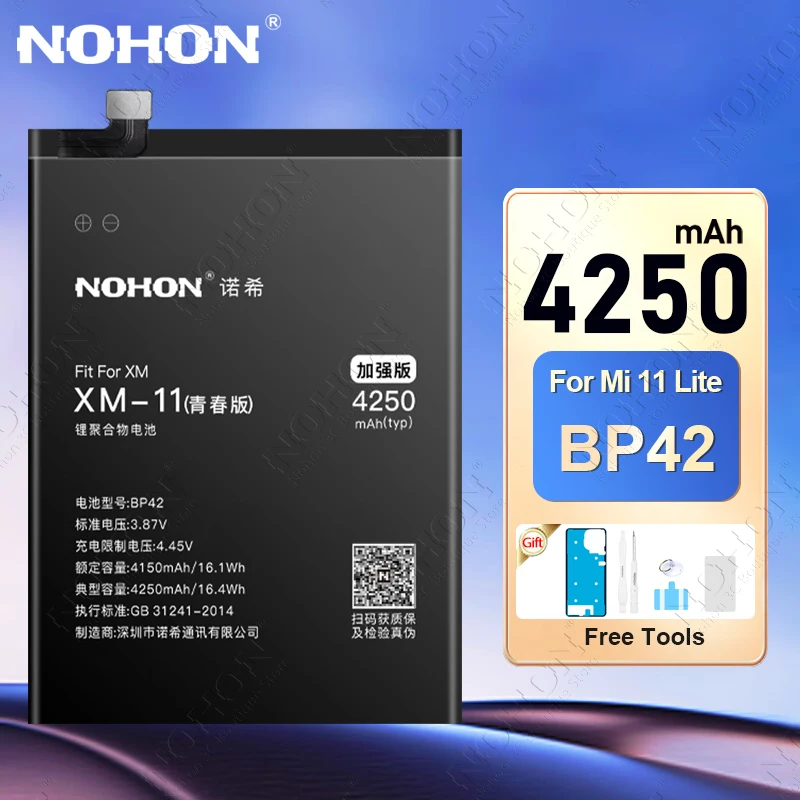 NOHON BP42 Battery for Xiaomi Mi 11 Lite Mi11Lite 11Lite 4250mAh Mobile Phone Replacement Batteries Bateria Free Tools