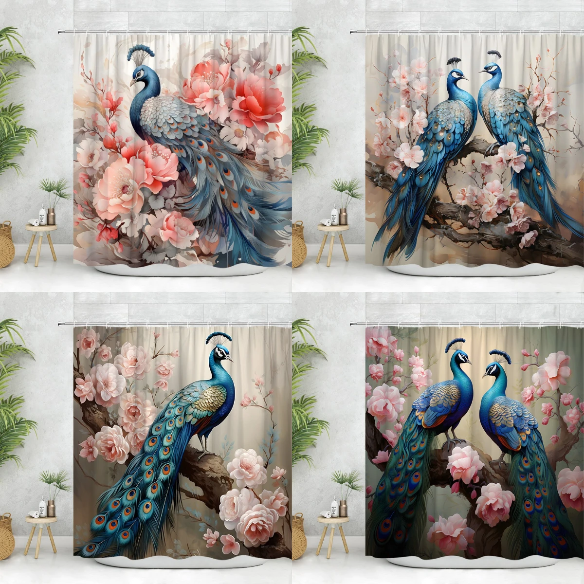 Peacock Shower Curtain Tropical Plants Pink Flower Leave Branches Chinese Bird Watercolor Polyester Fabric Bathroom Home Decor