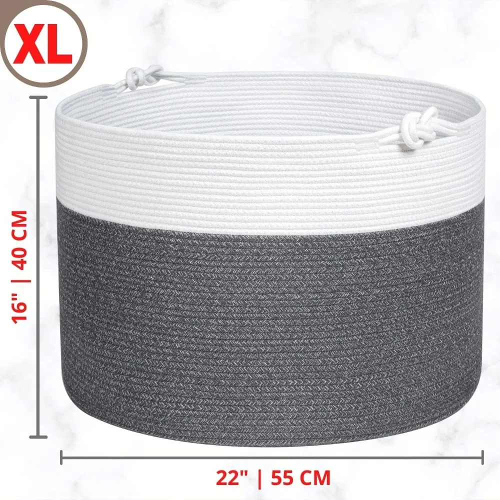 سلة كبيرة من الحبال القطنية المزخرفة لتخزين غرفة المعيشة مع مقابض واستخدام الغسيل