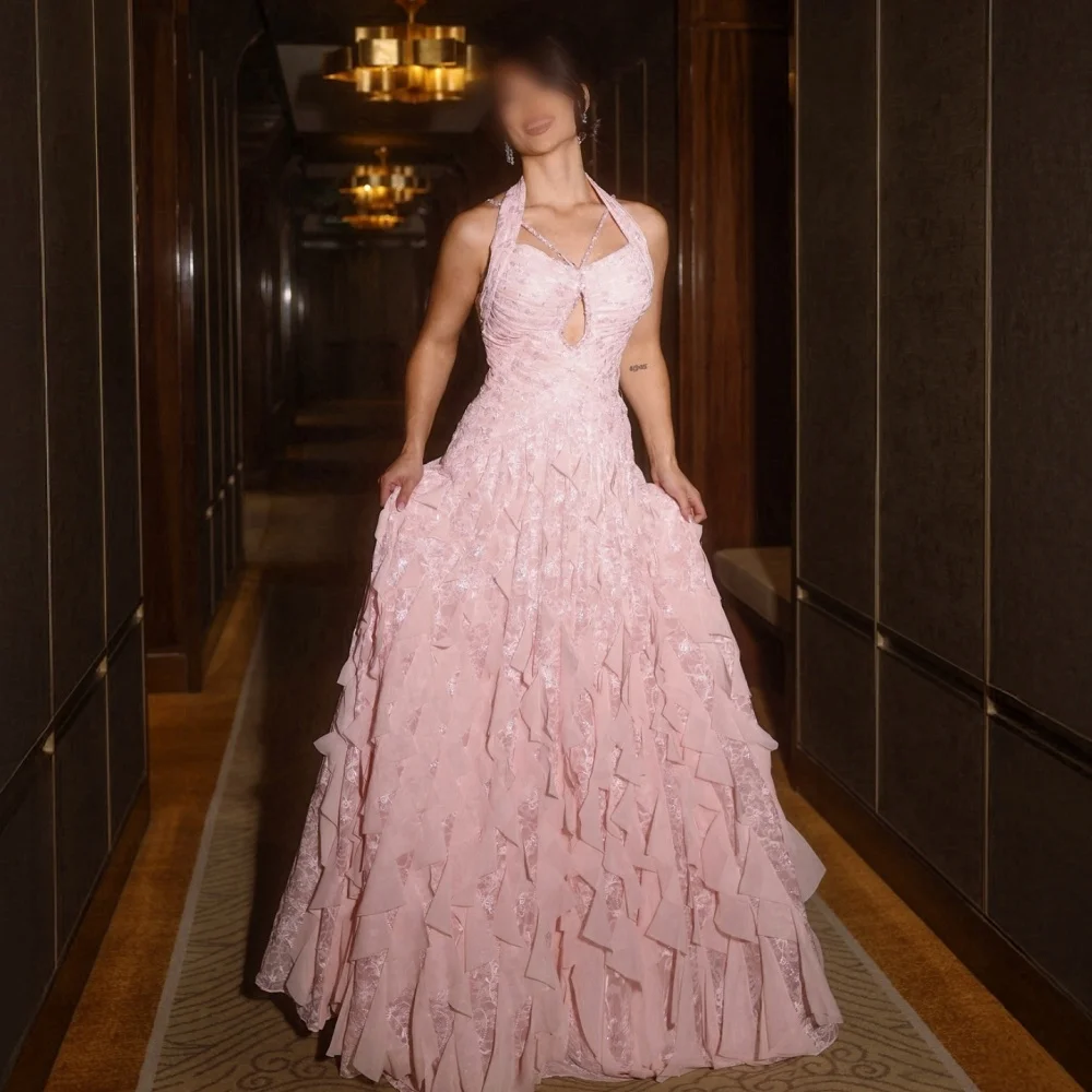 

Customized Charming Halter Evening Gowns for Banquet Prom Dresses Ruffle A-line Long Dresses Modern Style Party Gown